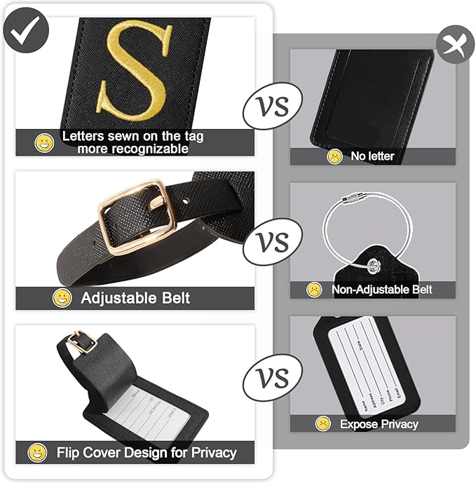 Personalized Initial Luggage Tags for Suitcases, Cute PU Leather Embroidered Letter Travel Luggage Tags, Suitcase Identifier Name Baggage Tag, Bag Tags for Men Women Kids Luggage Handbags(Black S)