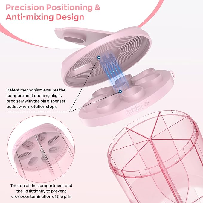 Pill Dispenser with 7 Large Compartments, Pill Bottle Organizer for Travel, Supplement Organizer with Anti-Mixing Design, Pink
