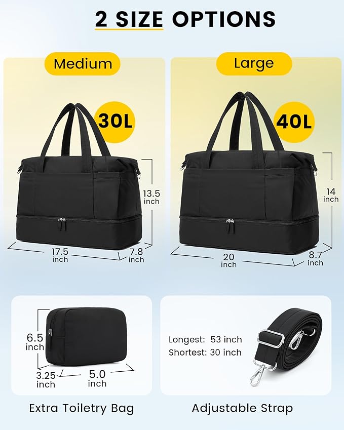Vorspack Duffle Bag for Travel - 40L Gym Bag for Women Men Personal Item Travel Bag with Shoe Pocket Toiletry Bag Lightweight Carry On Bag for Weekender Overnight Sports - Black