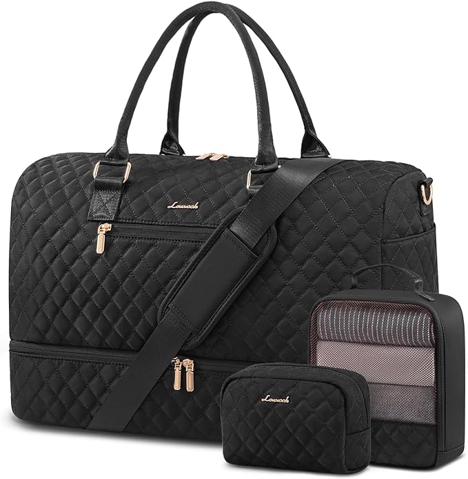 LOVEVOOK Travel Duffle Bag for Women, Weekender Overnight Bag with Shoe Compartment, Carry on Bag with Toiletry Bag, Gym Duffel Bag with Wet Pocket, Hospital Bags for Labor and Delivery 3 Pcs Set