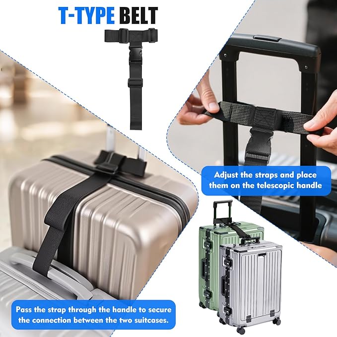 2 Pack Luggage Straps for Suitcases, Luggage Straps to Connect Two Suitcases, Adjustable T-Type and Normal Suitcase Straps for Connect 3 Luggage Together (Black)