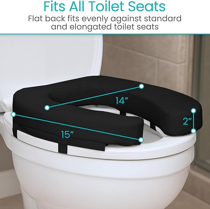 Vive Toilet Seat Cushion (Soft Cushioned Foam) - Easy Clean Padded Bathroom Attachment - Elongated, Standard Seats - Comfort and Support Donut for Handicap, Adults (2" Cushioned Foam, Black)