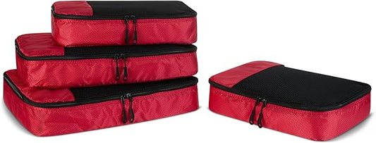 Amazon Essentials 4-Piece Packing Cubes Travel Accessories Set, Luggage Organizer with Double Zipper, Mesh Top, Space-Saving, 2 Medium/2 Large, Red (Previously Amazon Basics)