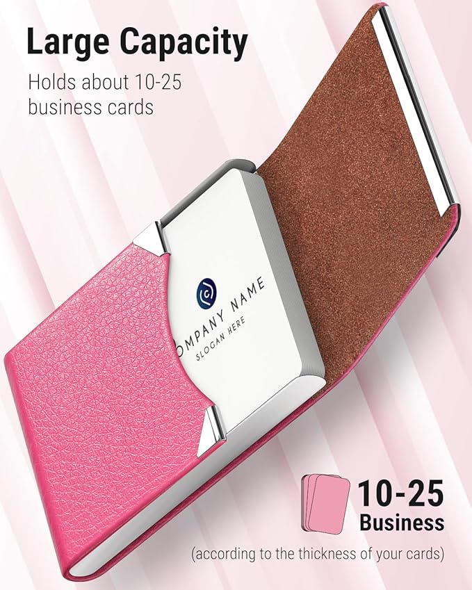 MaxGear Business Card Holder, Slim PU Leather & Stainless Steel Business Card Case for Men & Women, RFID Blocking Name Card Holder with Magnetic Closure, Rose Red