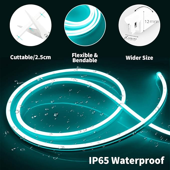 iNextStation 16.4FT 12V LED Strip Lights Ice Blue Neon Rope Light (No Plug) | IP65 Waterproof Flexible Silicone Neon LED Lights Strip, 0.98Inch Cuttable LED Lights for DIY, Bedroom, Ceiling, Party Decor