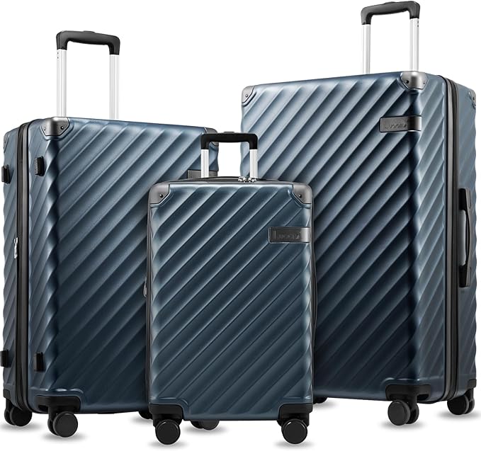 LUGGEX 3 Piece Set Luggage with Spinner Wheels, KVC Polycarbonate Expandable Hard Shell Suitcase (EX-Core, Navy, 3 Piece Sets)