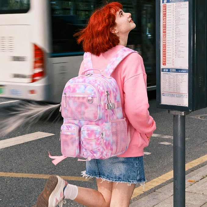 Lohol Multi-Pocket Backpack for Travel College, Heavy Duty Big Bookbag with 15.6 inch Laptop Compartment (Pink Galaxy