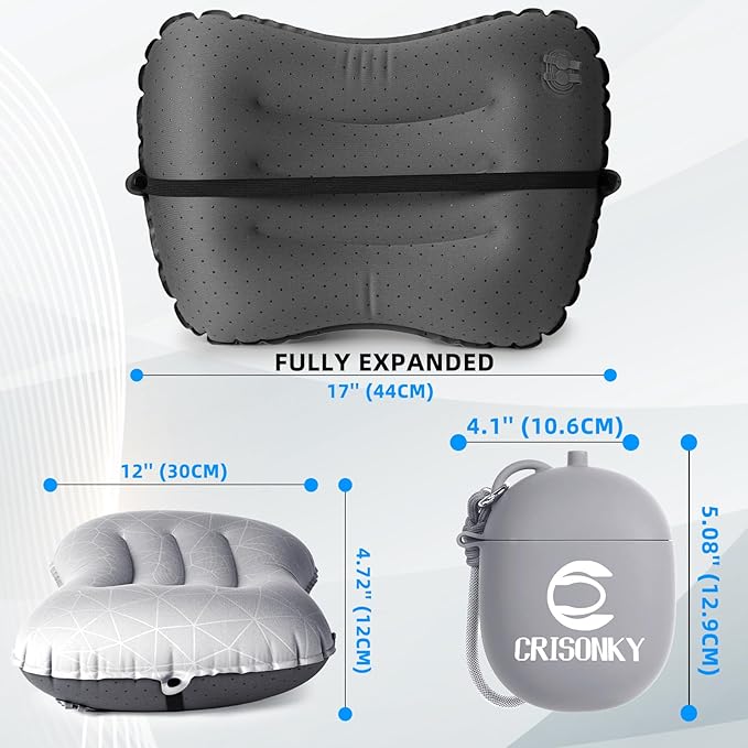 Camping Inflatable Pillow with 2-in-1 Silicone Air Pump Storage Bag – Ultralight Travel Pillow for Airplane, Lumbar Support, Dual Valve Easy Inflate, Compressible Ergonomic (Grey)