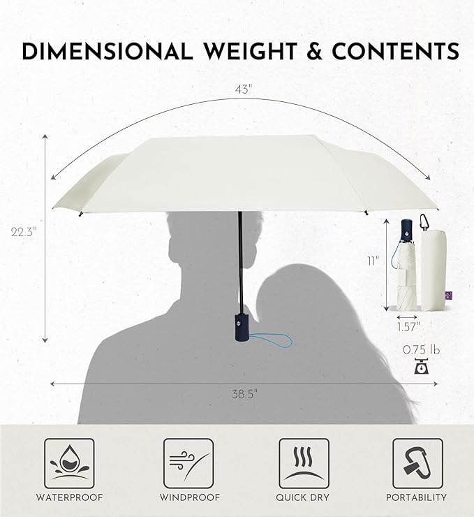 Windproof Travel Umbrella for Rain - 43" Compact Folding Umbrella, Reinforced Strong Frame, Lightweight Portable Parasol with UPF 100+ UV Sun Protection, Cruise Ship Essentials