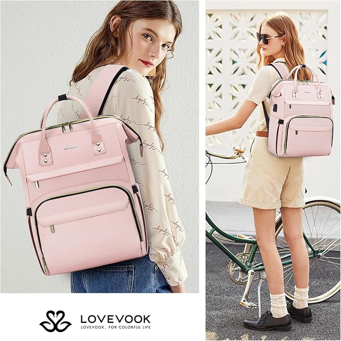 LOVEVOOK Laptop Backpack for Women,15.6 Inch Professional Womens Travel Backpack Purse Computer Laptop Bag Nurse Teacher Backpack,Waterproof College Work Bags Carry on Back Pack with USB Port, Pink