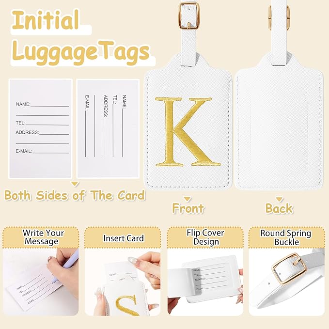 Personalized Initial Luggage Tags for Suitcases, Cute PU Leather Embroidered Letter Travel Luggage Tags, Suitcase Identifier Name Baggage Tag, Bag Tags for Men Women Kids Luggage Handbags(White K)