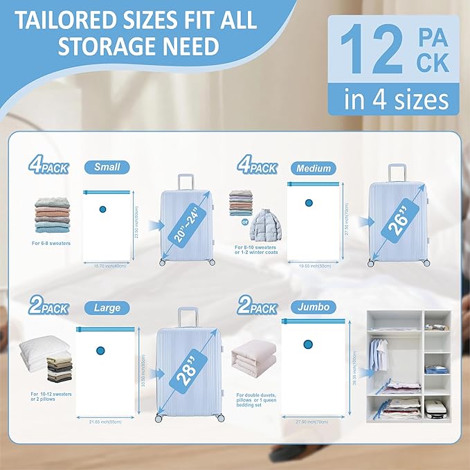 Cozy Essential Travel Vacuum Storage Bags with Rechargeable Cordless USB Pump, Space Saver Bags for Luggage, Suitcase, Carry-On, for Clothes, Blankets, Bedding & Seasonal Storage,12 Combo