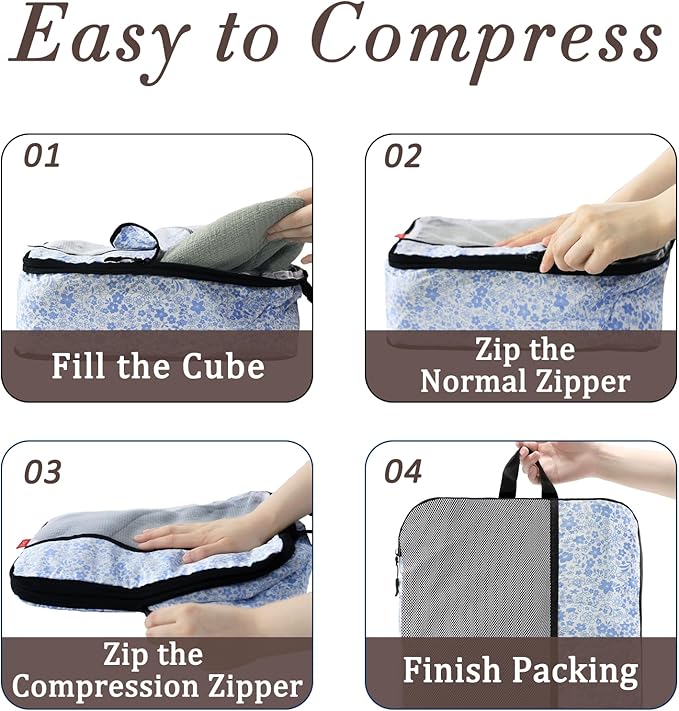 U+U 4 Set Compression Packing Cubes - Ultralight Travel Organizers, Space-Saving Suitcase Organizer, Expandable Packing Cubes for Travel, Business Trip and Family Vacation (Blue Flower)