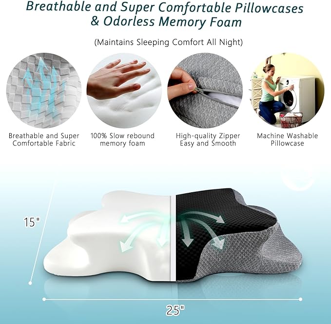 Cervical Neck Pillow for Pain Relief Sleeping, Memory Foam Pillows, Ergonomic Side Sleeper Pillows, Cooling Orthopedic Neck Support Pillow for Back Stomach Sleepers-Queen Size Black&Grey