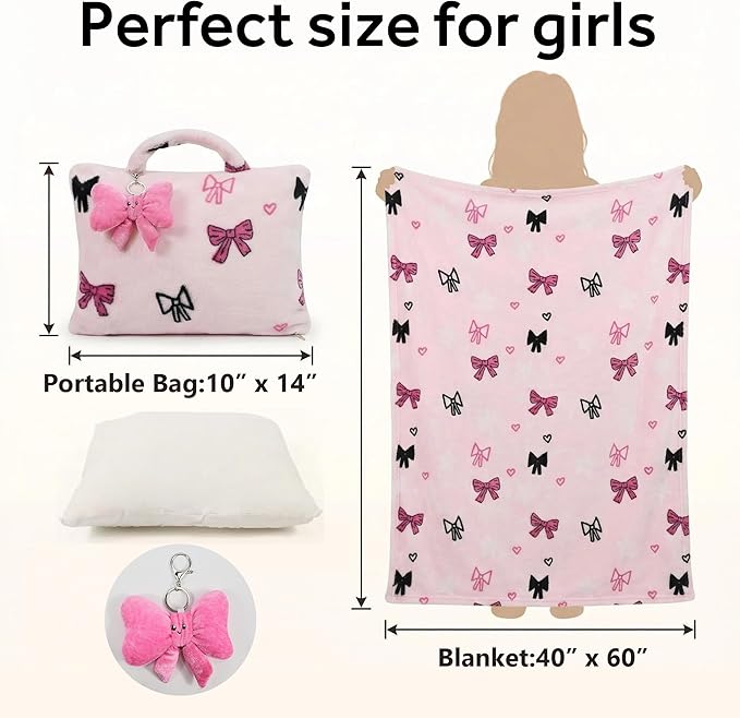 3-in-1 Kids Travel Blanket and Pillow Set, 40x60 Inch Pink Bow Blanket for Girls,Compact Set with Bow Keychain, Ideal Birthday Travel Essential