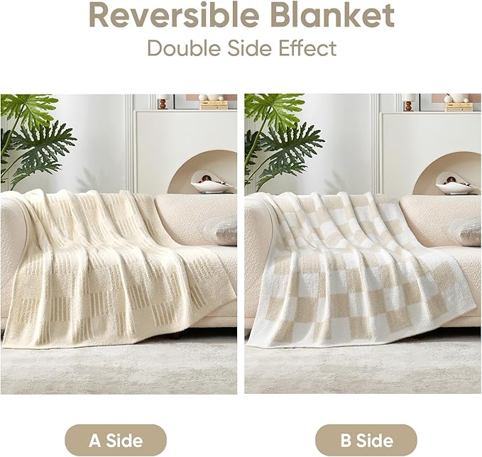 Snuggle Sac Cream Checkered Throw Blanket,Fluffy Faux Fur Reversible Soft Microfiber Warm Throw Blankets for Couch, Sofa,Travel,Cute Lightweight Striped Throws for Women, Heather Cream, 50x60 inches