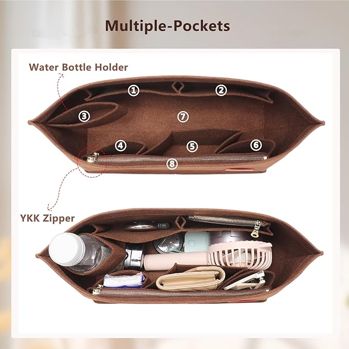 Purse Organizer Insert, Felt Bag Organizer with Base Shaper, Handbag Tote Dividers for Inside Purse Accessories, Insert for Neverfull PM, City 30 and More, Brown/M