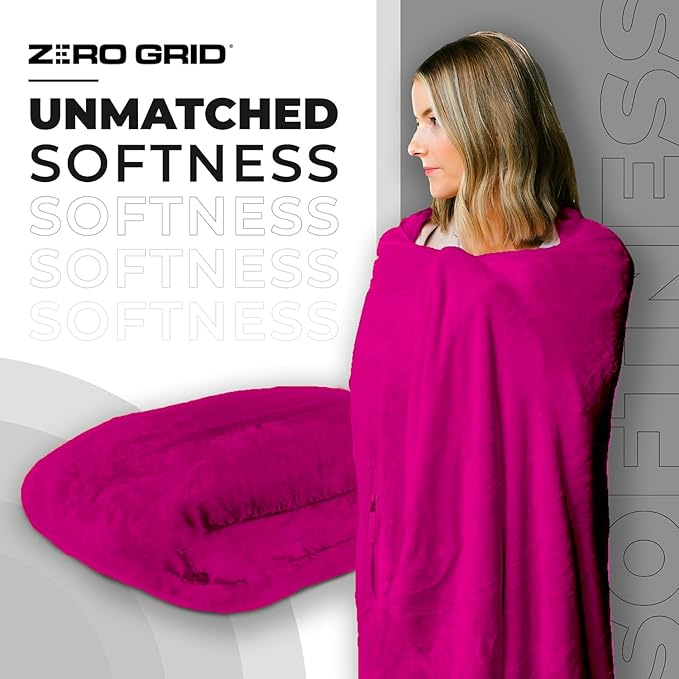 Zero Grid Lightweight Travel Blanket – Premium Compact Wearable Airplane Blanket with Neck Snaps, Cozy Foot Pockets, Zipper Pouch, converts to Soft Pillow for Ultimate Comfort - Hot Pink