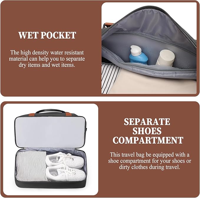 Weekender Bags for Women,Overnight Travel Duffel Bag with Shoes Compartment& Toiletry Bag,Extra Large(Black & Brown)