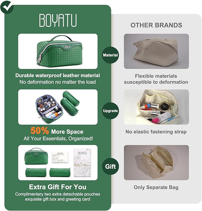BOYATU Travel Makeup Bag Cosmetic Bags for Women: Large Capacity 3 Pcs Set Make up Bag with Compartments - Waterproof Vegan Leather Toiletry Organizer Bags with Handle (L38 Green)