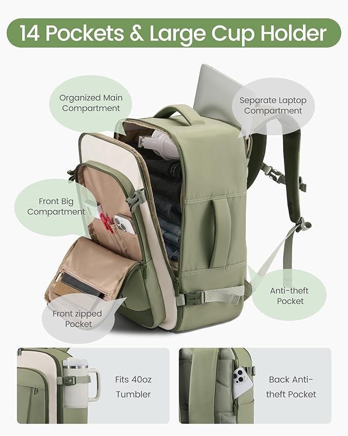 LOVEVOOK 50L Travel Backpack for Women & Men, Airline Approved Carry On Backpack, TSA Personal Item Bag fits 18.0 Inch Laptop, Waterproof Weekender Overnight Bags Suitcase for Work, Light Green