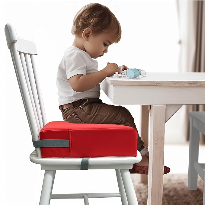Toddler Booster Seat Dining Table Kitchen Chair, Waterproof Anti-Scratch PU Cushion, Non-Slip Bottom, Adjustable Buckle Straps, Easy Clean Portable Seat Cushion (Red)
