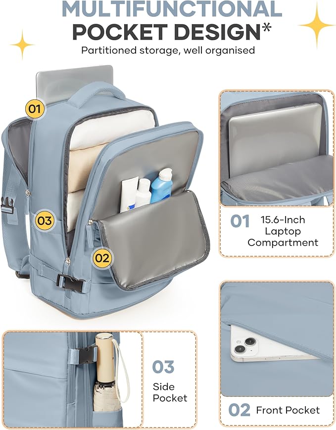 coofay Large Travel Backpack For Women Men Airline Approved Carry On Backpack Flight Approved Waterproof Sports Luggage Backpack Casual Daypack Hiking Backpack Grey Blue