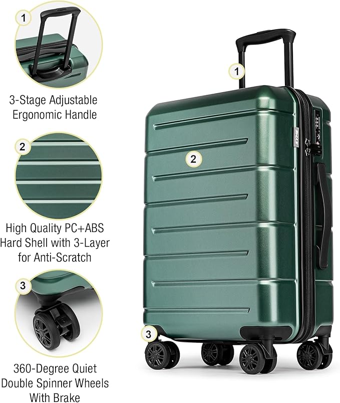KYME Carry On Luggage 22x14x9 Airline Approved Hardshell Carry On Suitcases with Wheels Travel Rolling 20 Inch Luggage with Cup Holder for Men Women,Carry-on Green