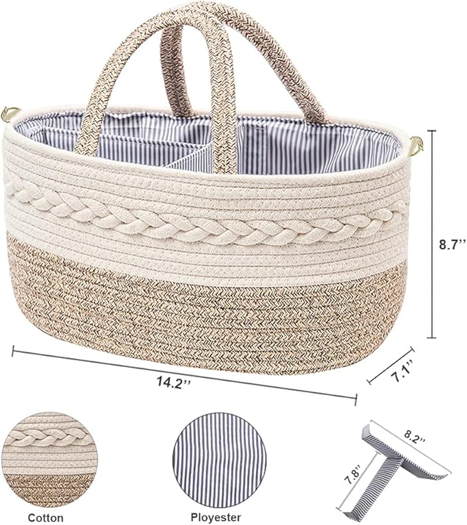 Baby Diaper Caddy Organizer, Shoulder Strap Buckle, 4 Inner Pockets Portable Nursery Storage Basket with Detachable Compartments,100% Cotton Woven Bin (Small, Yellow)