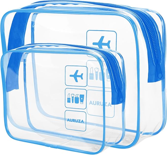 2 Pack Travel Toiletry Bag, Clear Makeup Bag, TSA Approved Cosmetic Bag with Zipper, Clear Organizer Carry on Bag for Women, PVC Cosmetic Pouch for Airport Airline Compliant
