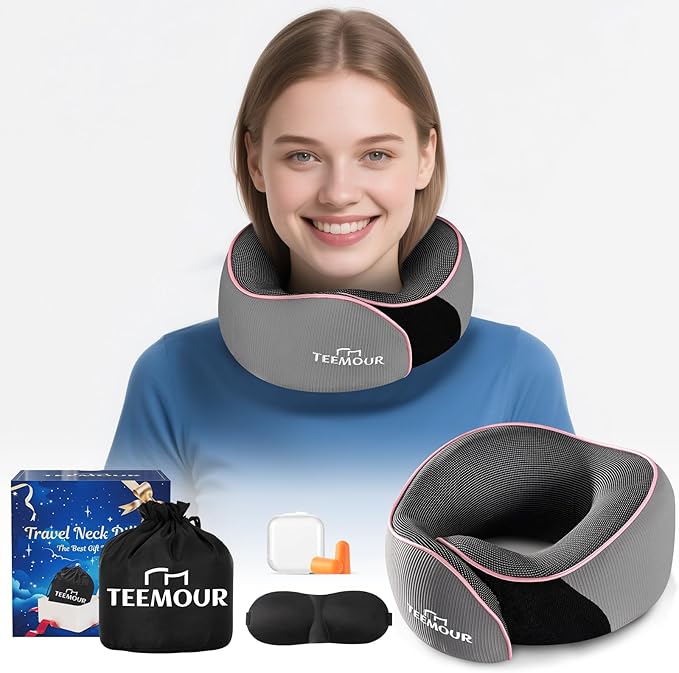 Teemour Travel Neck Pillow Airplane- Upgraded Memory Foam Neck Pillow for Airplanes 360° Support Desing, with Eye Mask & Earplugs, Portable Carry Bag for Long Flights, Business Trip|Travel Essentials