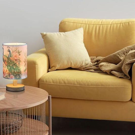 Fustylead Beautiful Peacocks and Flowers Bedside Table Lamps with USB Port for Bedroom Lamp Small Nightstand Lamp Sturdy Linen Shade Wooden Decorative Lamps for Living Room Home Dorm Kids