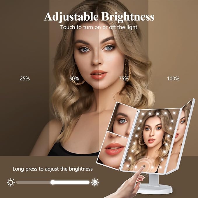 HUONUL Makeup Mirror, Vanity Mirror with Lights, 2X/3X/10X Magnification, Touch Control, Trifold, Dual Power Supply, Mothers Day, Birthday Gifts for Mom,Gifts for Women,Girls, Dorm Room Essentials