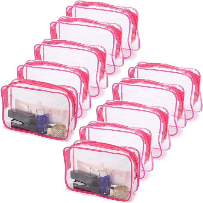 Tbestmax 10 Pcs Clear Cosmetic Bags Small Makeup Bags Portable Waterproof Travel Toiletry Bags Organizer Rose Red, 7.5"x 4.8"x 2.3"