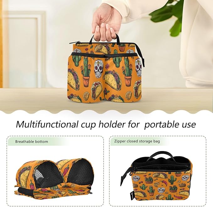 Luggage Cup Holder for Suitcases Free Hands Travel Cup Holder Portable Suitcase Cup Drink Holder Luggage Cup Caddy Bag Carrier Orange Mexico Tacos Chilis Skulls