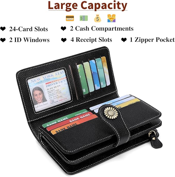 SENDEFN Wallets for Women Leather Credit Card Holder with RFID Blocking Large Capacity Wristlet | with RFID Blocking, Large Capacity, Wristlet, with RFID Blocking, Large Capacity, Wristlet