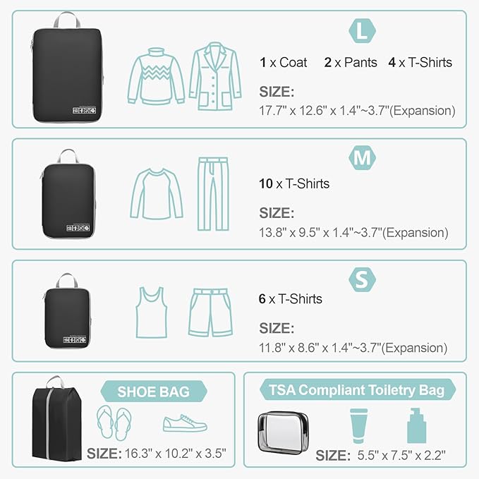 Cambond Compression Packing Cubes for Travel - Lightweight Expandable Travel Bags Luggage Organizers Travel Essentials Compression Cubes for Travel Space Saver for Carry on Suitcases Organizer