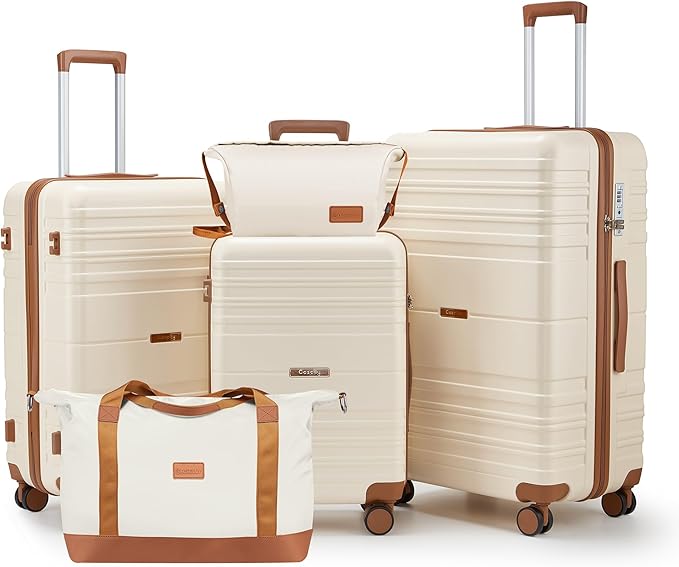 Luggage Sets with spinner wheels, PC+ABS Hard Shell Travel Luggage,Lightweight Carry-on suitcases with TSA Lock,YKK Zippers (Beige, 5 piece sets(20/24/28/DB/TB))