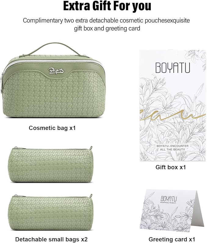 BOYATU Travel Makeup Bag Cosmetic Bags for Women: Large Capacity 3 Pcs Set Make up Bag with Compartments - Waterproof Vegan Leather Toiletry Organizer Bags with Handle (L51Grass Green)