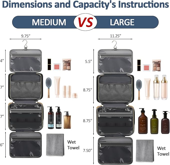 Large Travel Toiletry Bag for Women with Hanging Hook, Waterproof TSA Approved Cometic Toiletry Bag Organizers Leakproof Make up Bags for Women Black