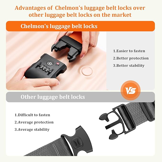 Chelmon Luggage Straps TSA Approved for Suitcases with Luggage Lock, Heavy Duty Adjustable Buckle Belt Anti Burst, Bright Colors Easy to Identify