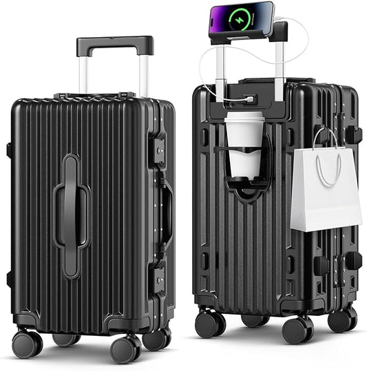 Carry on Luggage, 20 Inch Aluminum Frame PC Hardshell Suitcase with Cup Holder & Charger Port, Airline Approved Weekend Business Travel Case with Spinner Wheels, Tsa Lock