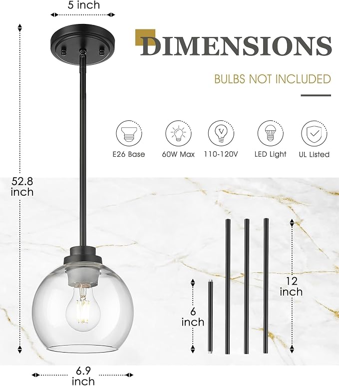 Pendant Lights Kitchen Island, 7" Modern Black Hanging Lights Fixtures with Clear Glass Globe Shade, Kitchen Island Lighting for Bathroom, AD-22280-1P-BK-C
