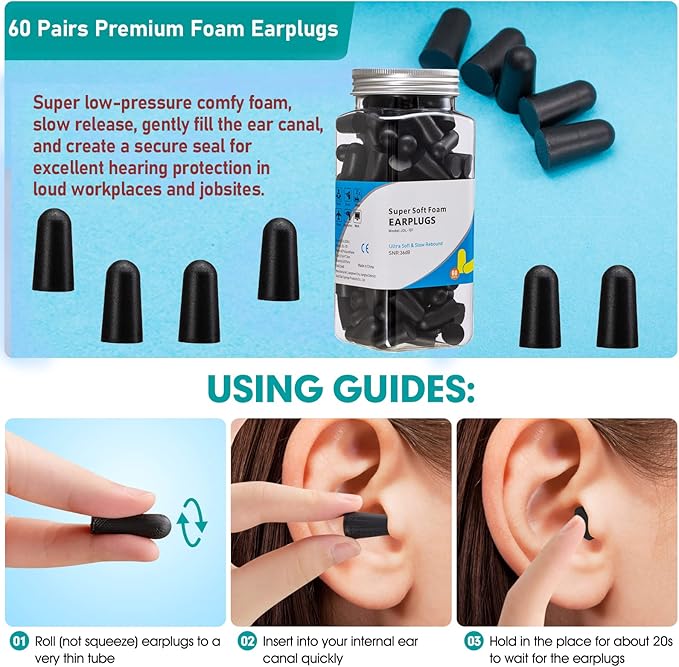 60 Pairs Bottled Black Foam Earplugs for Noise Cancelling, Sleeping, Work, Snoring, Construction, 33dB NRR