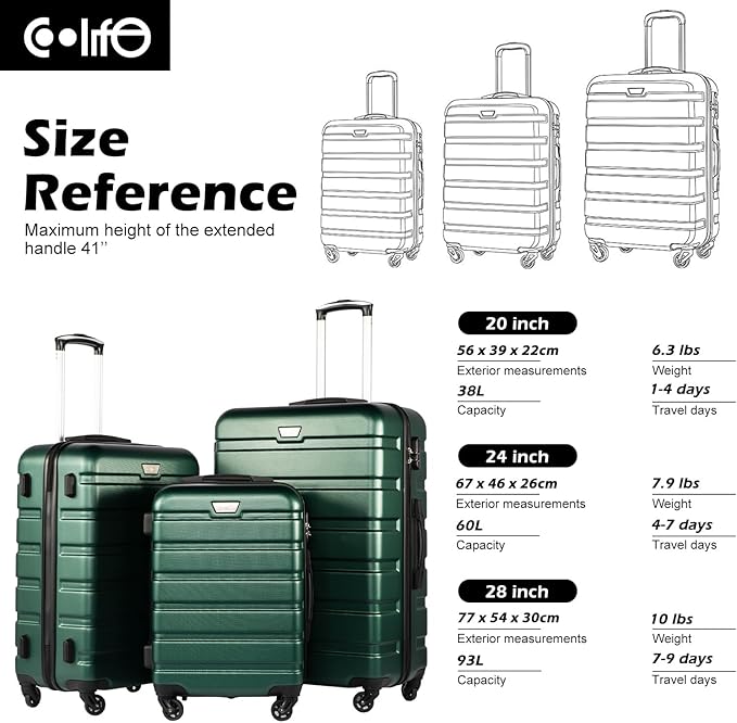 Coolife Luggage 3 Piece Set, Lightweight Durable Hardshell Suitcase set with 360° Spinner Wheels, TSA-approved Lock, Checked Family Travel Luggage sets, 20/24/28 Inch, Dark Green