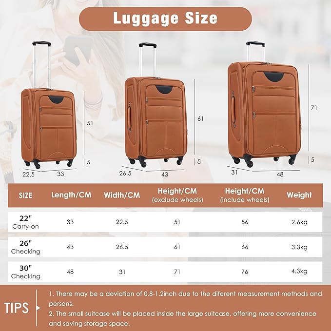 Orange 5 Piece Softside Luggage Sets, Expandable Lightweight Suitcase Sets Double Softshell Spinner Wheels Travel Luggage Set for Women and Men