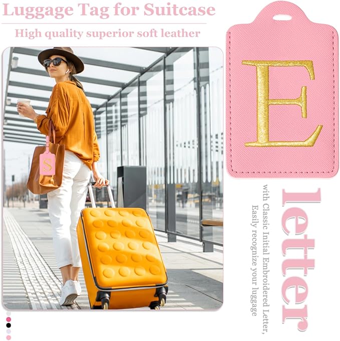 Personalized Initial Luggage Tags for Suitcases,Leather Letter Cute Luggage Tags with Privacy Name Card,Embroidered Monogrammed Travel Bag Backpack Tag Gifts for Women Kids Girls Teens(Pink-E)