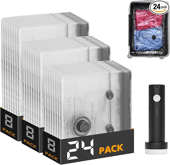 SpaceAid Travel Vacuum Bags for Luggage with Electric Pump, 24 Pack Vacuum Seal Bags for Clothing Travel, Space Saver Compression Bag for Backpack and Suitcase