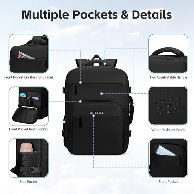 RealCool Travel Backpack for Women Men - Gift for Travelers, Students & Professionals, 17.3 Inch Laptop Carry On Backpack, TSA Flight Approved, College School Business Weekender Daypack -Black