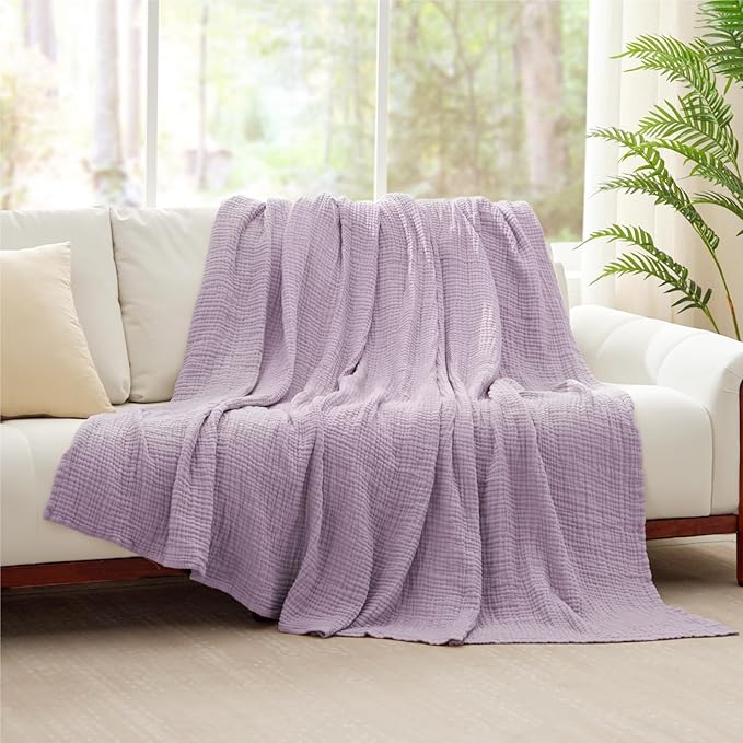 100% Cotton Muslin Blanket Twin 60" x 80", Breathable and Lightweight Cotton Twin Blankets for Couch, Soft Cooling Summer Gauze Blanket for Adults All Season, Lavender